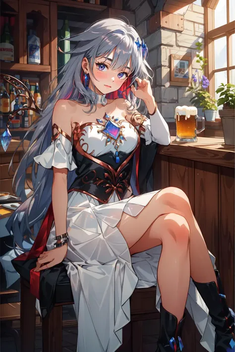 (masterpiece, best quality), intricate details,
1girl, <lora:KitsuneAi-KosekiBijou-LoCon32-V0_5-000008:0.8> koseki bijou, white dress, detached sleeves, bare shoulders, wings, strapless, crystal, collarbone, short sleeves, white sleeves, strapless dress, boots
indoors, sitting on chair, tavern, mug of ale, beer, food on platter, medieval, fantasy,