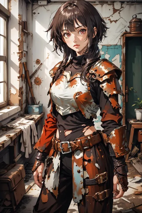 (masterpiece, best quality), intricate details,
1girl, <lora:megumin-10:0.8> megumin, 1girl, solo, looking at viewer, short hair, short hair with long locks,black hair, red eyes
<lora:Clothing - Rusty Armor:0.45> rusty4rmor, rusty, torn clothes, indoors, breastplate, rust, pauldrons, gauntlets,