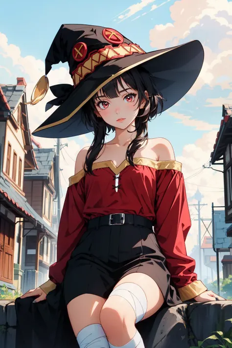 (masterpiece, best quality), intricate details,
1girl, <lora:megumin-10:0.8> megumin, 1girl, solo, looking at viewer, short hair, short hair with long locks, bandaged leg, black hair, red eyes
witch hat, fantasy, village,