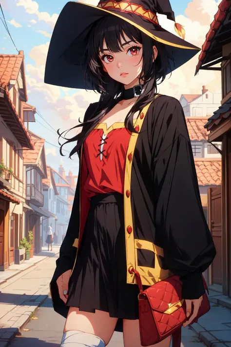 (masterpiece, best quality),  intricate details,
1girl,     <lora:megumin-10:0.8> megumin, 1girl, solo, looking at viewer, short hair, short hair with long locks, bandaged leg, black hair, red eyes
witch hat, fantasy, village,