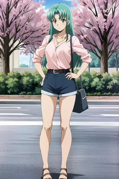 ((masterpiece)),((best quality)),ultra-detailed,illustratio,Explicit,Beautiful body,Beautiful Nose,Beautiful character design,perfect eyes,perfect face,wallpaper,ultra highres,4K,photography,(Beautiful,normal breasts:1.2),(beautiful face:1.2),cinematic lighting,soft lights,beautiful legs,perfect legs,shiny skin,nsfw,official style,official art,sanime screencap,anime coloring,Ruka,1girl,solo,long hair,shorts,tree,bag,necklace,jewelry,green hair,casual,handbag,hand on hip,white shorts,fashion,outdoors,brown eyes,shirt,standing,full body,belt,<lora:Ruka:0.7>,College girl,Young woman,