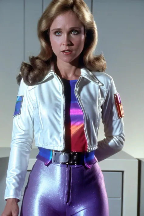 masterpiece, 3r1ngr4y in a white jacket making a surprised face with her hands on her hips and a rainbow striped shirt on, Eve Ryder, vfx, a hologram, retrofuturism, looking at the viewer, simple background, <lyco:LoHA_3r1ngr4y_SD1.5_230816:0.95>