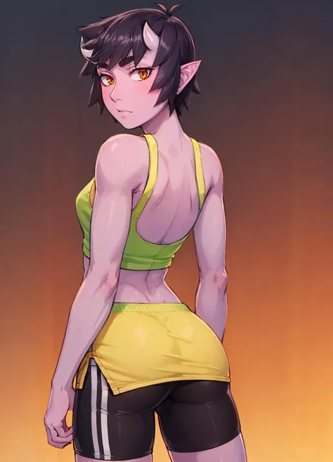 (masterpiece, best quality, beautiful detailed eyes, cinematic lightining), adult,
1girl, solo, standing, bike shorts, tank top, from behind,
<lora:UmeIttla_V3-Manityro-dadapt:1> UmeIttla, colored skin, orange eyes, slit pupils, oni horns, skin-covered horns, short hair, toned
