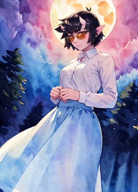 (masterpiece, best quality, beautiful detailed eyes, cinematic lightining), adult,
1girl, solo, standing, forest, moon, dress shirt, long skirt, sunglasses, (watercolor:1.3)
 <lora:UmeIttla_V3-Manityro-dadapt:1> UmeIttla, colored skin, orange eyes, slit pupils, oni horns, skin-covered horns, short hair, toned, abs