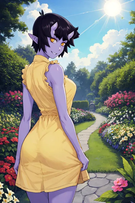 (masterpiece, best quality), outdoors, 1girl, solo, UmeIttla, colored skin, orange eyes, slit pupils, oni horns, medium breasts, <lora:UmeIttla_V2-Manityro-dadapt:1>, looking at viewer, toned, from behind, yellow sundress, garden, day, sunshine, smile, looking back