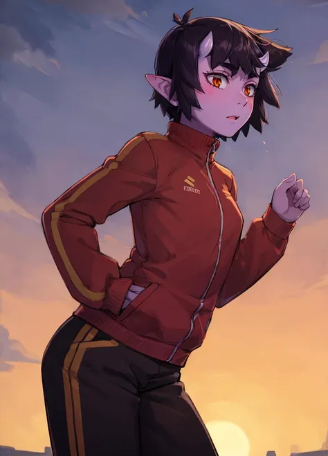 (masterpiece, best quality, beautiful detailed eyes, cinematic lightining), adult,
1girl, solo, standing, track jacket, track pants , library, 
<lora:UmeIttla_V3-Manityro-dadapt:1> UmeIttla, colored skin, orange eyes, slit pupils, oni horns, skin-covered horns, short hair, toned