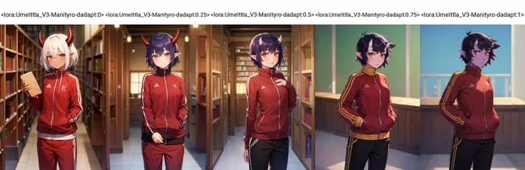 (masterpiece, best quality, beautiful detailed eyes, cinematic lightining), adult,
1girl, solo, standing, track jacket, track pants , library,
<lora:UmeIttla_V3-Manityro-dadapt:0> UmeIttla, colored skin, orange eyes, slit pupils, oni horns, skin-covered horns, short hair, toned