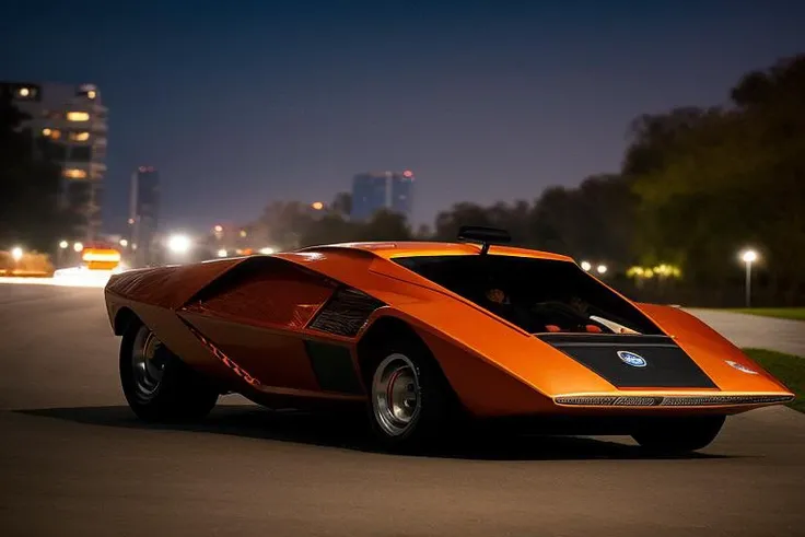 Lancia Stratos Zero rolling downill at night time in an urban area, <lora:l4nc145tr4t05z3r0:1> <hypernet:longexposure_v01:1>
