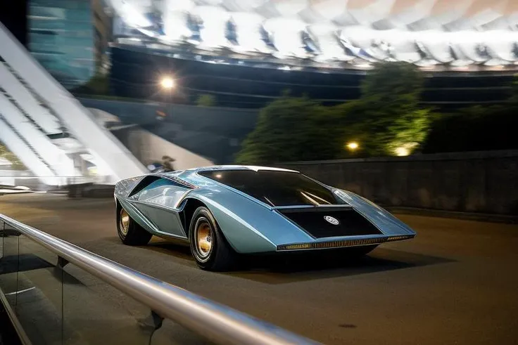 Lancia Stratos Zero rolling downhill at night time in an urban area, <lora:l4nc145tr4t05z3r0:1> <hypernet:longexposure_v01:1>, dutch Angle Shot,colored urban lights, <lora:add_detail:1> <lora:epiNoiseoffset_v2:1>