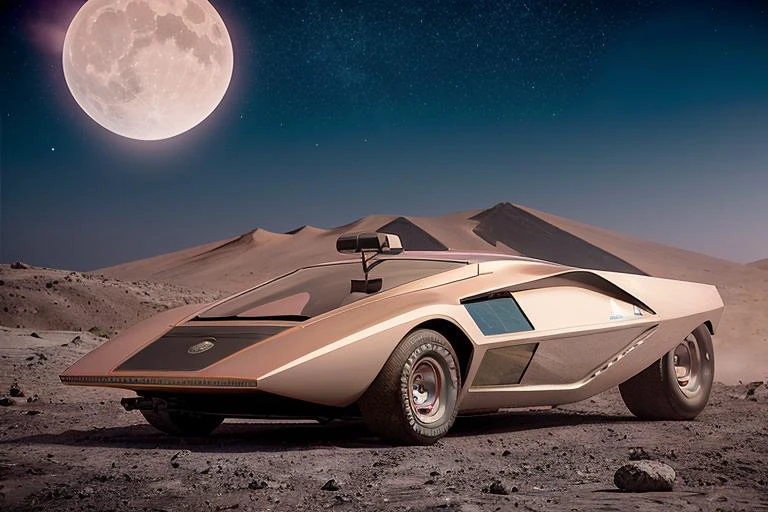 analog gloomy photo of a silver Lancia Stratos Zero car, <lora:l4nc145tr4t05z3r0:1>, racing down a the moon surface, race track, alien pyramids on the distance, futuristic, High Detail, Sharp focus, ((photorealism)), realistic, best quality, 8k, award winning, dramatic lighting, epic, cinematic, masterpiece, outer space lighting, sky is black, stars and pink green nebulas are visible, wide field of view, depth of field, rooster tailing, space station, lifting dust, sports photography, high speed, lens flares, by hrrzg