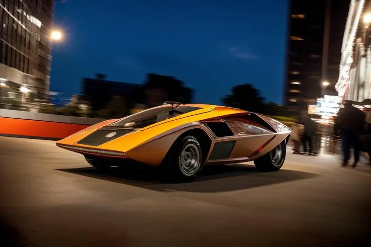 Lancia Stratos Zero rolling downhill at night time in an urban area, <lora:l4nc145tr4t05z3r0:1> <hypernet:longexposure_v01:1>, dutch Angle Shot,colored urban lights