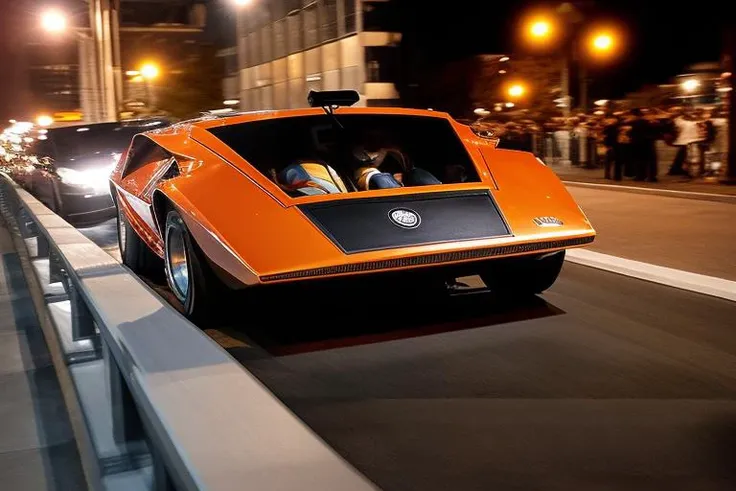 Lancia Stratos Zero rolling downhill at night time in an urban area, <lora:l4nc145tr4t05z3r0:1> <hypernet:longexposure_v01:1>, dutch Angle Shot,colored urban lights