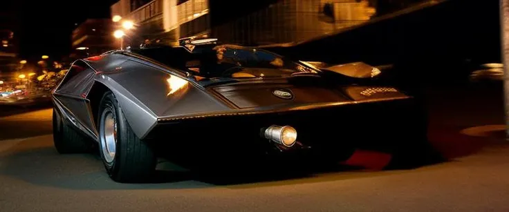 Lancia Stratos Zero rolling downhill at night time in an urban area, <lora:l4nc145tr4t05z3r0:1> <hypernet:longexposure_v01:1>, dutch Angle Shot,colored urban lights, <lora:add_detail:1> <lora:epiNoiseoffset_v2:1>
