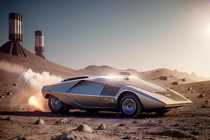 analog gloomy photo of a silver Lancia Stratos Zero car, <lora:l4nc145tr4t05z3r0:1>, racing down the moon surface, race track, alien pyramids on the distance, futuristic, High Detail, Sharp focus, ((photorealism)), realistic, best quality, 8k, award winning, dramatic lighting, epic, cinematic, masterpiece, outer space lighting, sky is black, stars and pink green nebulas are visible, wide field of view, depth of field, rooster tailing, space station, lifting dust, sports photography, high speed, lens flares, by hrrzg