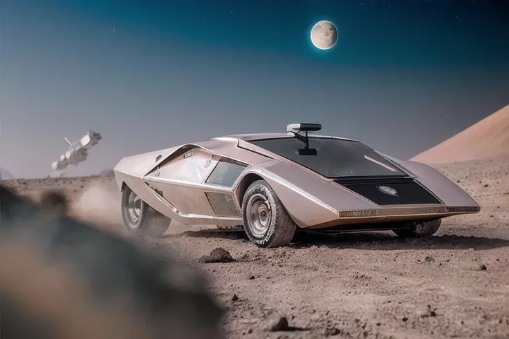 analog gloomy photo of a silver Lancia Stratos Zero car, <lora:l4nc145tr4t05z3r0:1>, racing down a the moon surface, race track, alien pyramids on the distance, futuristic, High Detail, Sharp focus, ((photorealism)), realistic, best quality, 8k, award winning, dramatic lighting, epic, cinematic, masterpiece, outer space lighting, sky is black, stars and pink green nebulas are visible, wide field of view, depth of field, rooster tailing, space station, lifting dust, sports photography, high speed, lens flares,