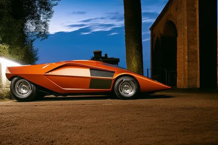 Lancia Stratos Zero rolling downhill at night time in an urban area, <lora:l4nc145tr4t05z3r0:1> <hypernet:longexposure_v01:1>, dutch Angle Shot,colored urban lights