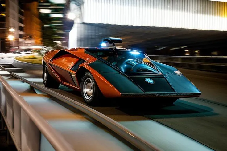 Lancia Stratos Zero rolling downhill at night time in an urban area, <lora:l4nc145tr4t05z3r0:1> <hypernet:longexposure_v01:1>, dutch Angle Shot,colored urban lights, <lora:add_detail:1> <lora:epiNoiseoffset_v2:1>