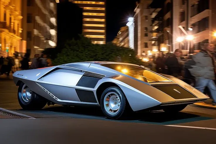 Lancia Stratos Zero rolling downhill at night time in an urban area, <lora:l4nc145tr4t05z3r0:1> <hypernet:longexposure_v01:1>, dutch Angle Shot,colored urban lights
