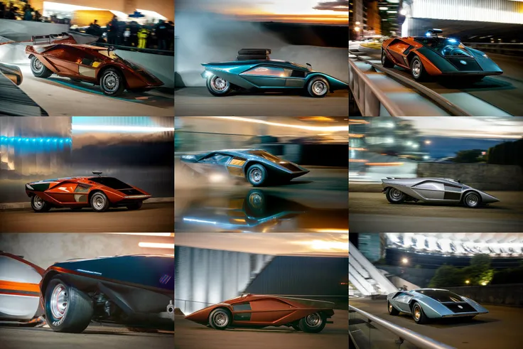 Lancia Stratos Zero rolling downhill at night time in an urban area, <lora:l4nc145tr4t05z3r0:1> <hypernet:longexposure_v01:1>, dutch Angle Shot,colored urban lights, <lora:add_detail:1> <lora:epiNoiseoffset_v2:1>
