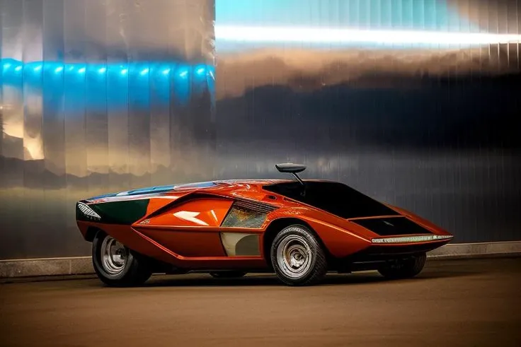 Lancia Stratos Zero rolling downhill at night time in an urban area, <lora:l4nc145tr4t05z3r0:1> <hypernet:longexposure_v01:1>, dutch Angle Shot,colored urban lights, <lora:add_detail:1> <lora:epiNoiseoffset_v2:1>