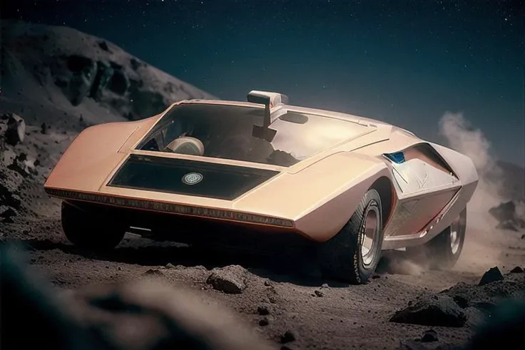 analog gloomy photo of a silver Lancia Stratos Zero car, <lora:l4nc145tr4t05z3r0:1>, racing down a lunar icey landscape, race track on the surface of the moon, futuristic, High Detail, Sharp focus, ((photorealism)), realistic, best quality, 8k, award winning, dramatic lighting, epic, cinematic, masterpiece, outer space lighting, sky is black, stars and pink green nebulas are visible, wide field of view, depth of field, rooster tailing, space station, lifting dust, sports photography, high speed, lens flares,