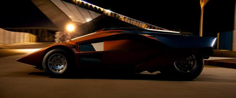 Lancia Stratos Zero rolling downhill at night time in an urban area, <lora:l4nc145tr4t05z3r0:1> <hypernet:longexposure_v01:1>, dutch Angle Shot,colored urban lights, <lora:add_detail:1> <lora:epiNoiseoffset_v2:1>