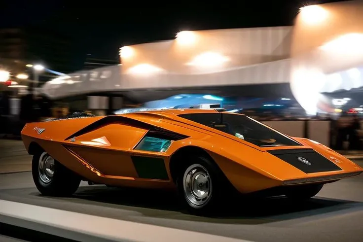 Lancia Stratos Zero rolling downill at night time in an urban area, <lora:l4nc145tr4t05z3r0:1> <hypernet:longexposure_v01:1>