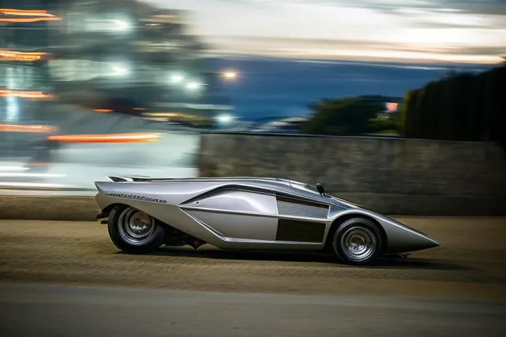 Lancia Stratos Zero rolling downhill at night time in an urban area, <lora:l4nc145tr4t05z3r0:1> <hypernet:longexposure_v01:1>, dutch Angle Shot,colored urban lights, <lora:add_detail:1> <lora:epiNoiseoffset_v2:1>