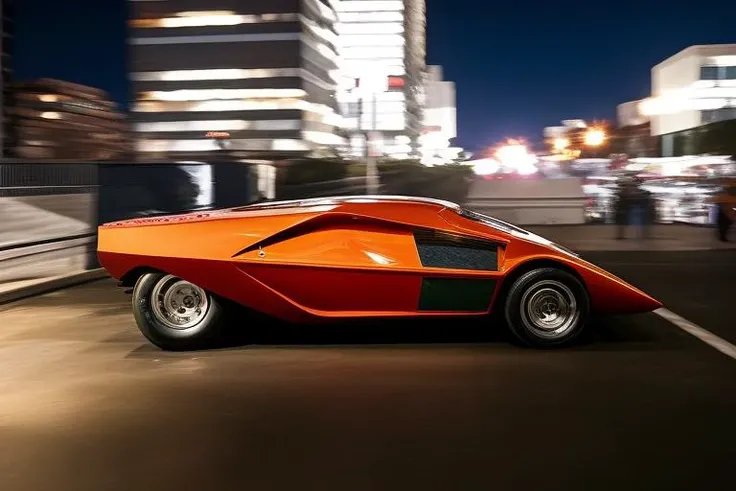 Lancia Stratos Zero rolling downhill at night time in an urban area, <lora:l4nc145tr4t05z3r0:1> <hypernet:longexposure_v01:1>, dutch Angle Shot,colored urban lights
