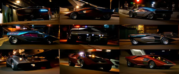 Lancia Stratos Zero rolling downhill at night time in an urban area, <lora:l4nc145tr4t05z3r0:1> <hypernet:longexposure_v01:1>, dutch Angle Shot,colored urban lights, <lora:add_detail:1> <lora:epiNoiseoffset_v2:1>
