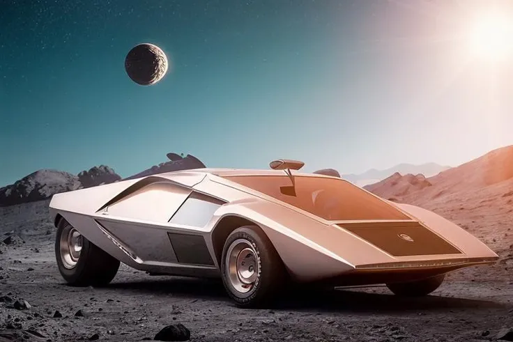 analog gloomy photo of a silver Lancia Stratos Zero car, <lora:l4nc145tr4t05z3r0:1>, racing down the moon surface, race track, alien pyramids on the distance, futuristic, High Detail, Sharp focus, ((photorealism)), realistic, best quality, 8k, award winning, dramatic lighting, epic, cinematic, masterpiece, outer space lighting, sky is black, stars and pink green nebulas are visible, wide field of view, depth of field, rooster tailing, space station, lifting dust, sports photography, high speed, lens flares,  by hrrzg