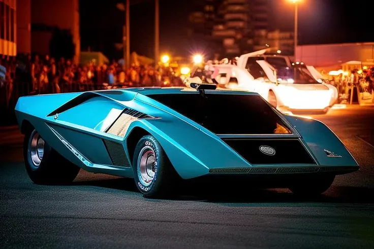 Lancia Stratos Zero rolling downhill at night time in an urban area, <lora:l4nc145tr4t05z3r0:1> <hypernet:longexposure_v01:1>, dutch Angle Shot,colored urban lights