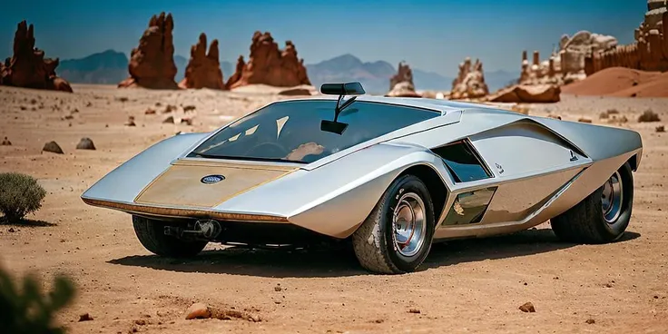 analog photo of a silver Lancia Stratos Zero car, <lora:l4nc145tr4t05z3r0:0.95>, High Detail, Sharp focus, ((photorealism)), realistic, best quality, 8k, award winning, dawn, thriller, dramatic lighting, epic, cinematic, masterpiece, natural lighting, (desert mars:1.3), wide field of view, depth of field, rooster tailing,