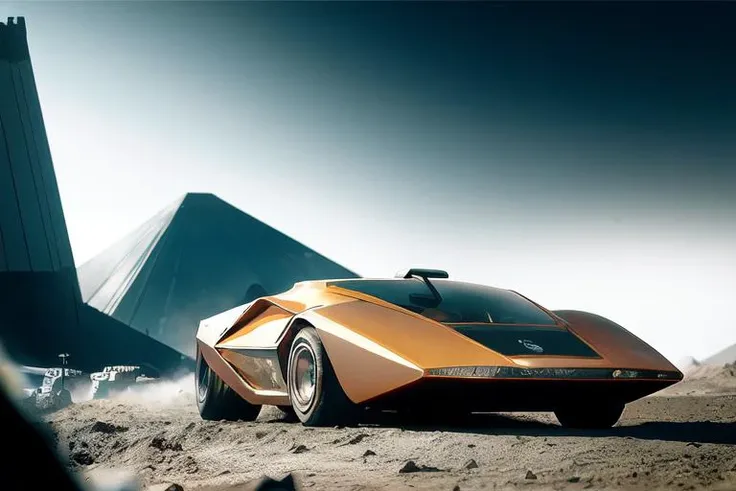 analog gloomy photo of a silver Lancia Stratos Zero car, <lora:l4nc145tr4t05z3r0:1>, racing down a race track on the moon, futuristic, ((cyberpunk)), High Detail, Sharp focus, ((photorealism)), realistic, best quality, 8k, award winning, dramatic lighting, epic, cinematic, masterpiece, outer space lighting, earth is visible from the lunar surface, wide field of view, depth of field, rooster tailing, space station,