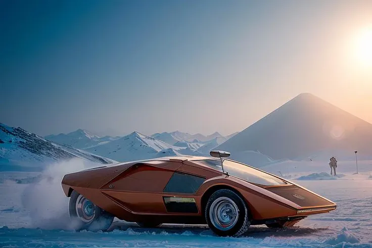 analog gloomy photo of a red Lancia Stratos Zero car, <lora:l4nc145tr4t05z3r0:1>, racing down an alien icey landscape, futuristic, snow and ice, race track, alien ice pyramids can be seen in the distance, sky is black, galaxy is visible, High Detail, Sharp focus, ((photorealism)), realistic, best quality, 8k, award winning, dramatic lighting, epic, cinematic, masterpiece, outer space lighting, wide field of view, depth of field, rooster tailing, space station, sports photography, high speed, lifting dust