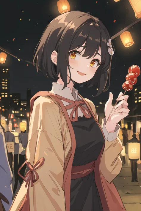 (best quality, masterpiece, highres),1girl,solo,short hair,dress,smile,holding candied haws,upper body,crowd,lantern,city,
<lora:candied haws_v1:1>,
