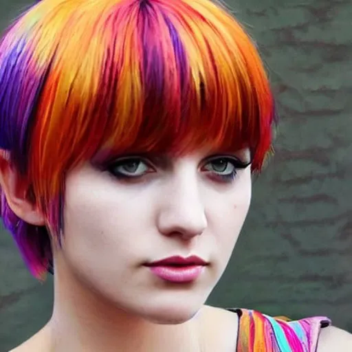 a beautiful woman with rainbow coloured pixie cut hair