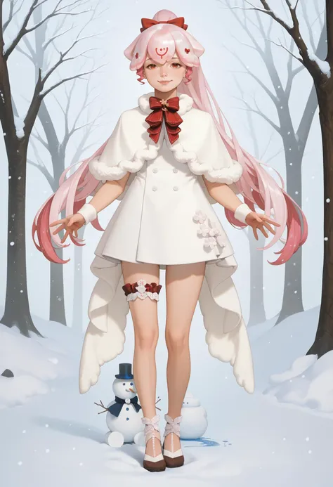 score_9, score_8_up, score_7_up, 1girl, solo, <lora:Bao_XLPD:1>, outdoors, winter, snowing, snowman, BaoWinter, pink hair, liquid hair, ponytail, bangs, long hair, white hair bow, white capelet, white dress, short dress, short skirt, red bow, fur trim, thighs, bridal garter, outstretched arms, happy, smug, full body,