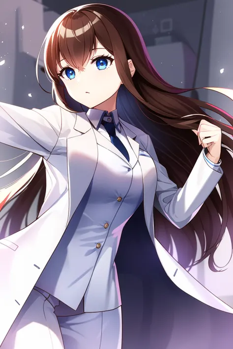 1girl, laboratory, standing, upper body, labcoat, dynamic pose, long hair, blue eyes, brown hair, best quality, highres, detailed, <lora:Makise_kurisu:1>