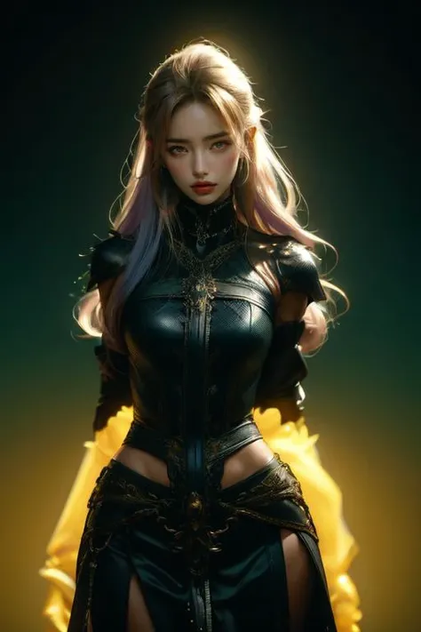 (otherworldly), highly insanely detailed, masterpiece, top quality, best quality, highres, 4k, 8k, RAW photo, (very aesthetic, beautiful and aesthetic), (limbless), <lora:Elf-000005:0.8>, 
1girl, solo, 
Tower13_Gizelle, 
a beautiful elvish girl, 
dark_skin, tan_skin, tanned skin, dark skin, dark-skinned, black-skinned, bronze skin, 
(lavender hair,mustard yellow hair,), 
pure black background,pure cyan background ,multicolored background,solid color,solid color background,neon color,gradient background, 
pauldrons, (fantasy world)âââ