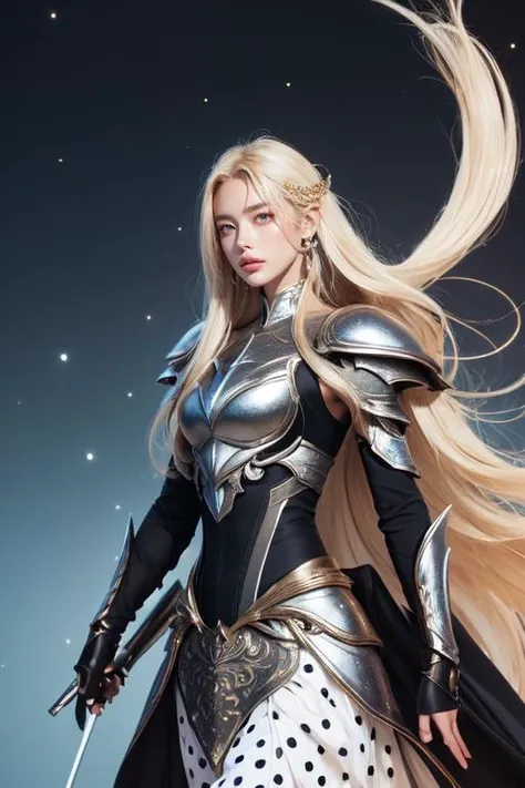 (otherworldly), highly insanely detailed, masterpiece, top quality, best quality, highres, 4k, 8k, RAW photo, (very aesthetic, beautiful and aesthetic), (limbless), <lora:Elf-000005:0>,
1girl, solo,
Tower13_Gizelle,
a beautiful elvish girl,
dark_skin, tan_skin, tanned skin, dark skin, dark-skinned, black-skinned, bronze skin,
(platinum blonde hair,polka-dotted hair,),
a colorful background,gradient background,solid color,solid color background,neon color,
pauldrons, (fantasy world)âââ
