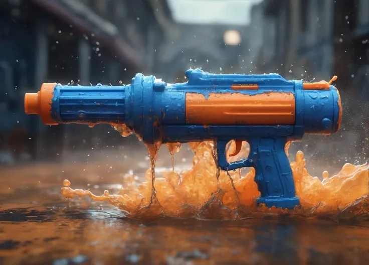 a blue and orange toy watergun made of splashes of water, realistic, desolate, intricately detailed, artistic lighting, particles, beautiful, amazing, highly detailed, digital art, sharp focus, trending on art station