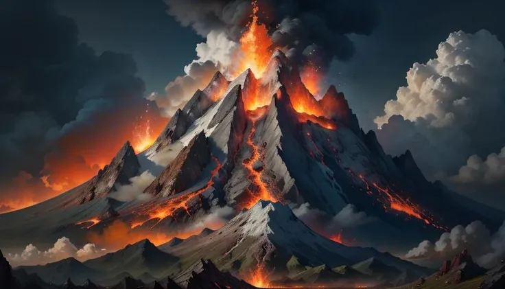 scenery, cloud, fire, green mountain, no humans, sky, outdoors, cloudy sky, landscape, molten rock <lora:volcano:0.7>
