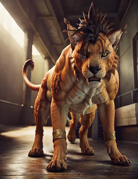 (masterpiece, highly detailed, intricate details, high resolution, 4k, 8k, realistic, photorealistic), indoors, final fantasy vii,  full body, from side, all fours, dark alley 
BREAK
Nanaki, red xiii, <lora:Nanaki:0.5>, lying, on back, feral, canine, orange fur, fangs, highly detailed realistic,  realistic fur texture, detailed yellow eye