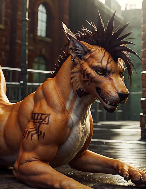 (masterpiece, highly detailed, intricate details, high resolution, 4k, 8k, realistic, photorealistic), indoors, final fantasy vii, full body, from side, all fours, dark alley
BREAK
Nanaki, red xiii, <lora:Nanaki:0.5>, lying, on back, feral, canine, orange fur, fangs, highly detailed realistic, realistic fur texture, detailed yellow eye