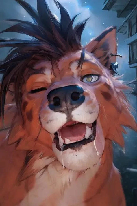 taran_fiddler, ((drool, slabber,))
((((eyes looking up towards camera from above, feral butt in air,))))
(((Feral, laying on pov, nude, hug))), ((((((close to viewer)))))), Head turned to side, Tilted head,
Standing over, low Ingle view, human pov, Coming in for a kiss, inches away from face,
Human hands on back, (butt in air,)
Tongue on glass,
(Right eye closed), Scar over right eye, on chest,
<lora:imkiss-000015:1>
Nanaki, red xiii, <lora:Nanaki:0.8>, anthro, canine, orange fur, fangs, realistic fur texture, detailed yellow, Open mouth, canine tongue, tongue out, kissing pov,
(((Solo,))) open mouth, (((((night))))),
close cropped image, laying under,
BREAK/
( Night sky outside, dark, dark, (((night, cool collors))), lights_off, no lights), detailed background
BREAK/
((Dagasi)),
real lifeby taran_fiddler, by chunie, ((by null-ghost))
