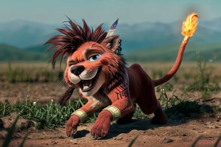 Nanaki, solo, full body, (feathers,) red fur, one eye closed, (happy,) tattoo, gold cuffs, braids, feral, running, ((cute face,)) ((flame tail,)) grasslands background, blue sky, afternoon, ((vivid colors,)) best quality, cgi, (((cartoon,))) ((pixar,)) chibi, realistic fur, (depth of field,) shadows, (grass,) wildflowers, masterpiece, by chicobo, by einshelm, by nomax