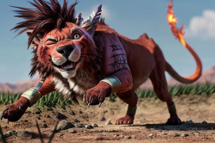 Nanaki, solo, full body, (feathers,) red fur, one eye closed, tattoo, feral, running, ((cute face,)) ((flame tail,)) grasslands background, blue sky, afternoon, ((vivid colors,)) best quality, cgi, (cartoon,) (pixar,) realistic fur, (depth of field,) shadows, (grass,) masterpiece, by chicobo, by einshelm, by nomax