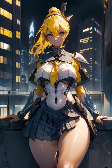 masterpiece,best quality,1girl,Mesa,yellow headband,((school uniform)),armor,expressionless,large breasts,thick thighs,wide hips,night,skyscraper roof,<lora:mesa:0.5>,