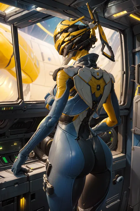 solo, female, young, dark purple, glowing eyes, kobold, small breasts, thin body, curved thighs, robotic, metallic, android, mechanical limbs, no clothes, legs spread, on all fours, butt facing viewer, on rug, at night, science fiction, scifi, bedroom space ships, , stars, moon, galaxies, masterpiece, high quality,